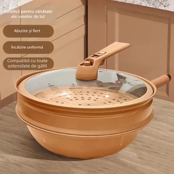 Nouă oală de lut multifuncțională cu abur, wok cu fund plat, oală sănătoasă fără strat, abur și gătit, oală all-in-one, cadou