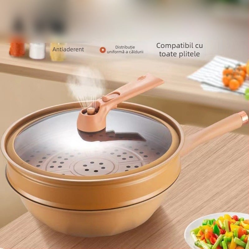 Nouă oală de lut multifuncțională cu abur, wok cu fund plat, oală sănătoasă fără strat, abur și gătit, oală all-in-one, cadou