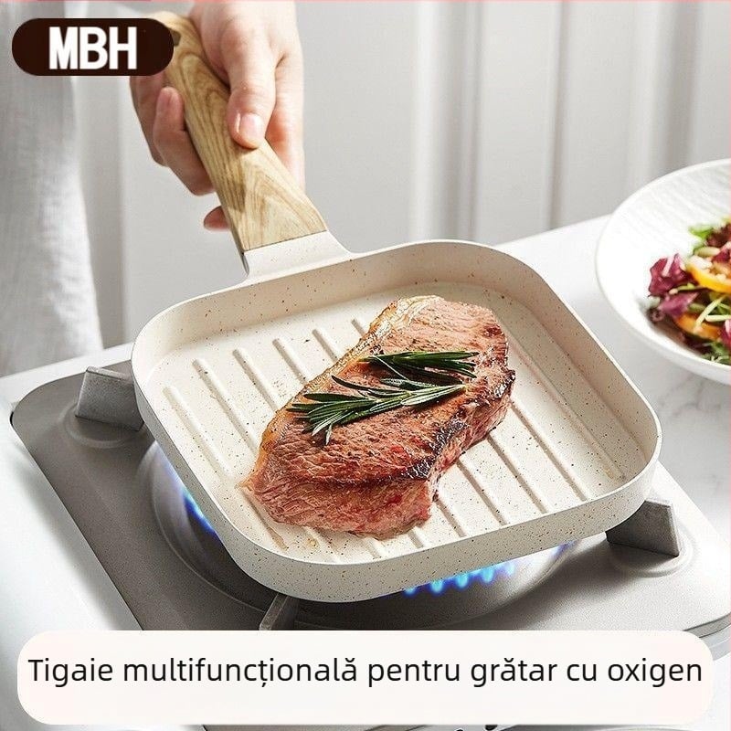 Tigaie de prăjit cu bacon în stil coreean, cu dungi, fund plat, pentru friptură, Maifan, tigaie antiaderentă din piatră, mini tigaie universală pentru micul dejun