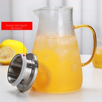 Sticlă borosilicată ciocanită, suc de cravată, capac din oțel inoxidabil, mâner colorat, ceainic de mare capacitate, fierbător rece
