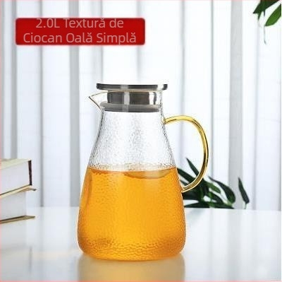 Sticlă borosilicată ciocanită, suc de cravată, capac din oțel inoxidabil, mâner colorat, ceainic de mare capacitate, fierbător rece