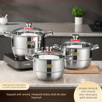 Set de vase din oțel inoxidabil transfrontalier, oală pentru supă, set de opt piese, oală îngroșată de mare capacitate cu două urechi, cu felii de supă la abur