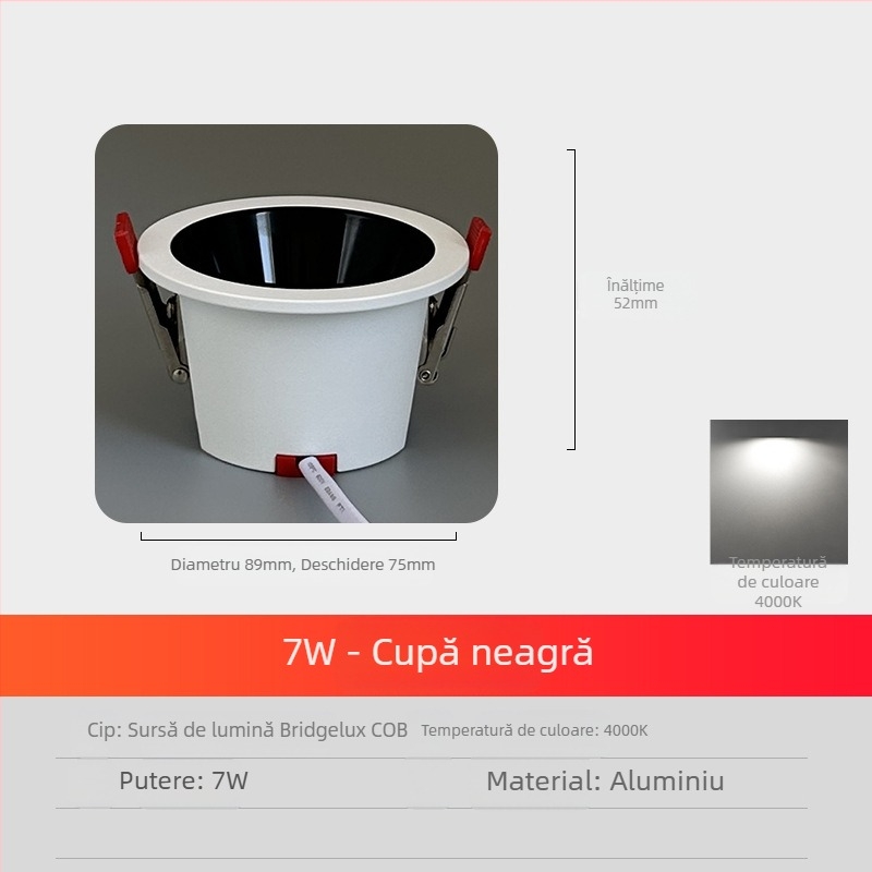 Lumină de tavan LED anti-orbire cu spectru complet, încorporată, fără cap, pentru sufragerie, hotel, casă, complet din aluminiu