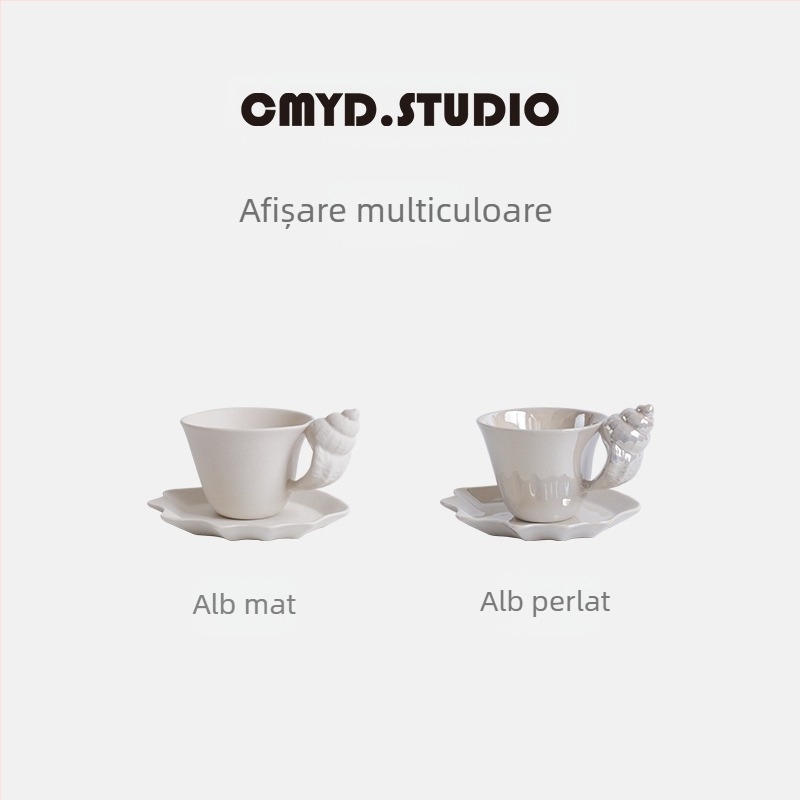 Ceașcă de cafea din ceramică mată creativă, 1 bucată, cu farfurie, model retro în relief, model scoică, cadou pentru cupluri