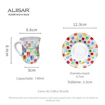 Cană de cafea pictată manual în culori creative, cană de cristal, cană de lapte cu valoare ridicată de culoare, cu farfurie și mâner