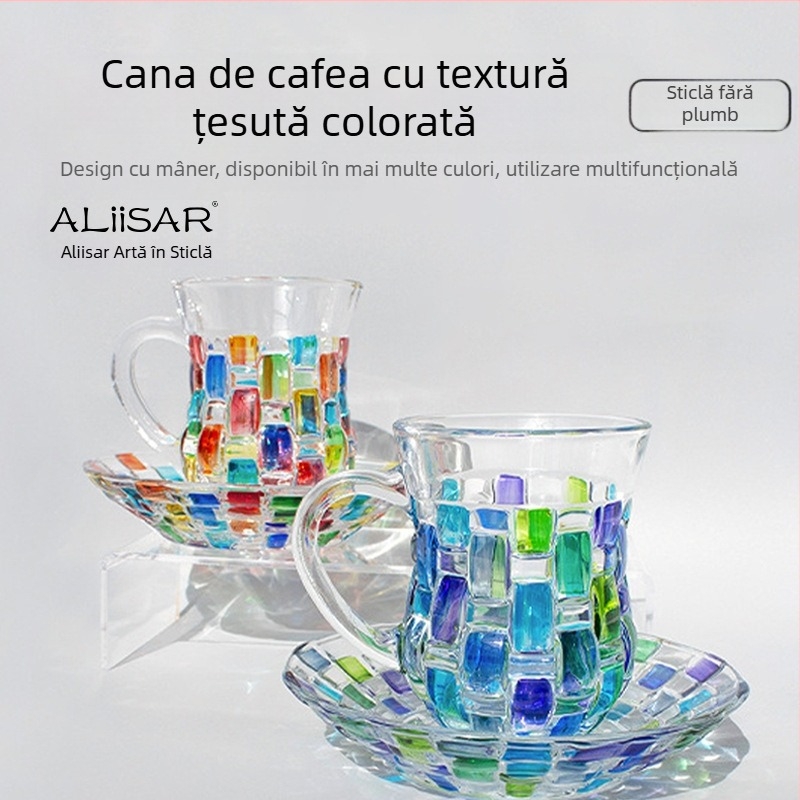 Cană de cafea pictată manual în culori creative, cană de cristal, cană de lapte cu valoare ridicată de culoare, cu farfurie și mâner