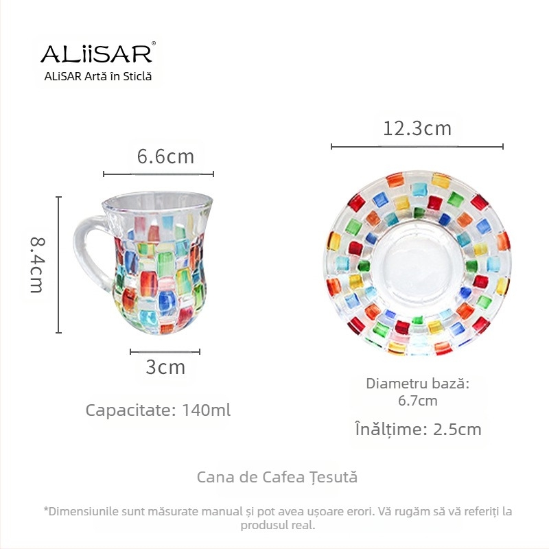 Cană de cafea pictată manual în culori creative, cană de cristal, cană de lapte cu valoare ridicată de culoare, cu farfurie și mâner