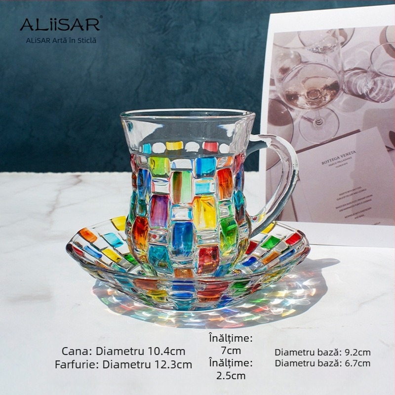 Cană de cafea pictată manual în culori creative, cană de cristal, cană de lapte cu valoare ridicată de culoare, cu farfurie și mâner