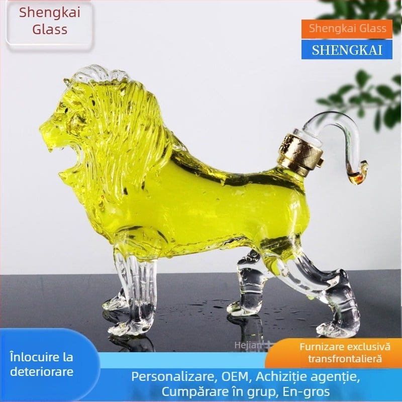 Sticlă de vin leu, sticlă borosilicată de înaltă calitate, formă de animal creativ leu, sticlă de vin, capacitate 750 ml, vin artificial suflat