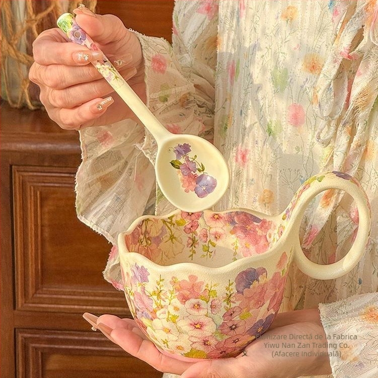 Cană ceramică Marquee Cup cu lingură pentru micul dejun Cupă cu fulgi de ovăz Bol încălzit cu lapte Blossom Cafea Cupă Bol