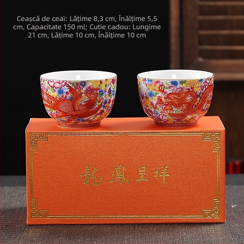 Ceașcă de ceai emailată nouă Dehua Cloisonne Craft Dragon și Phoenix Pereche Cupă Capacitate mare Master Cupă de înaltă calitate Însoțitoare Ceremonia