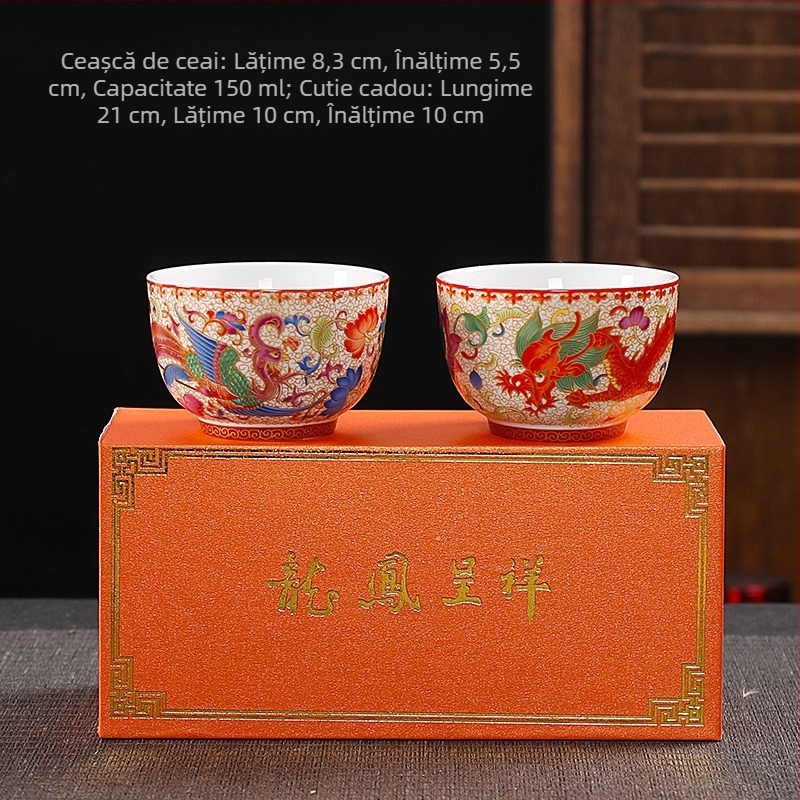 Ceașcă de ceai emailată nouă Dehua Cloisonne Craft Dragon și Phoenix Pereche Cupă Capacitate mare Master Cupă de înaltă calitate Însoțitoare Ceremonia
