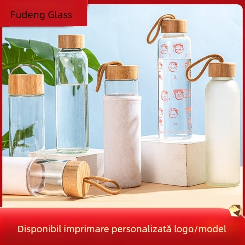 Sticlă de apă sport din sticlă cu capac din bambus borosilicat de înaltă calitate, cu un singur strat, portabilă, creativă, pentru persoane cu handicap, cupă cilindrică