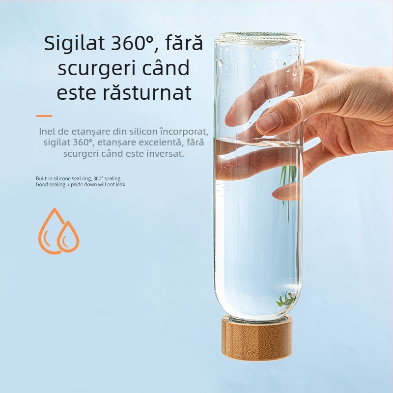 Sticlă de apă sport din sticlă cu capac din bambus borosilicat de înaltă calitate, cu un singur strat, portabilă, creativă, pentru persoane cu handicap, cupă cilindrică