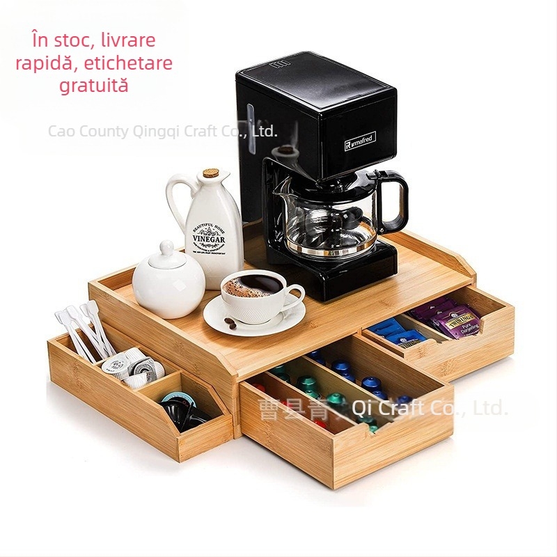 Cutie de depozitare pentru pliculețe de ceai din bambus transfrontalieră, cutie extractibilă pentru capsule de cafea, cutie din bambus și lemn cu sertar