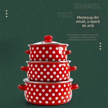 Set de trei oale emailate cu fund roșu, puncte albe, emailate, explozive transfrontaliere, 671EDG