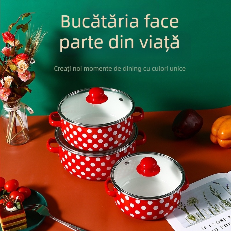 Set de trei oale emailate cu fund roșu, puncte albe, emailate, explozive transfrontaliere, 671EDG