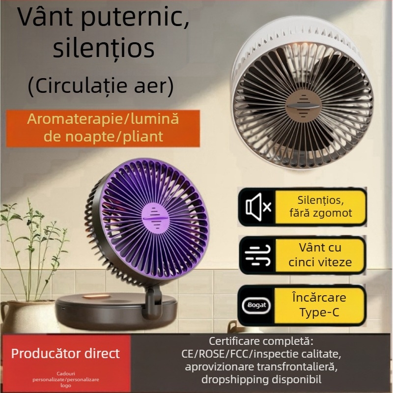 Ventilator mic cu încărcare USB transfrontalieră, pliabil, lumină de noapte, montat pe perete, pentru aromaterapie, livrare de cadouri mici