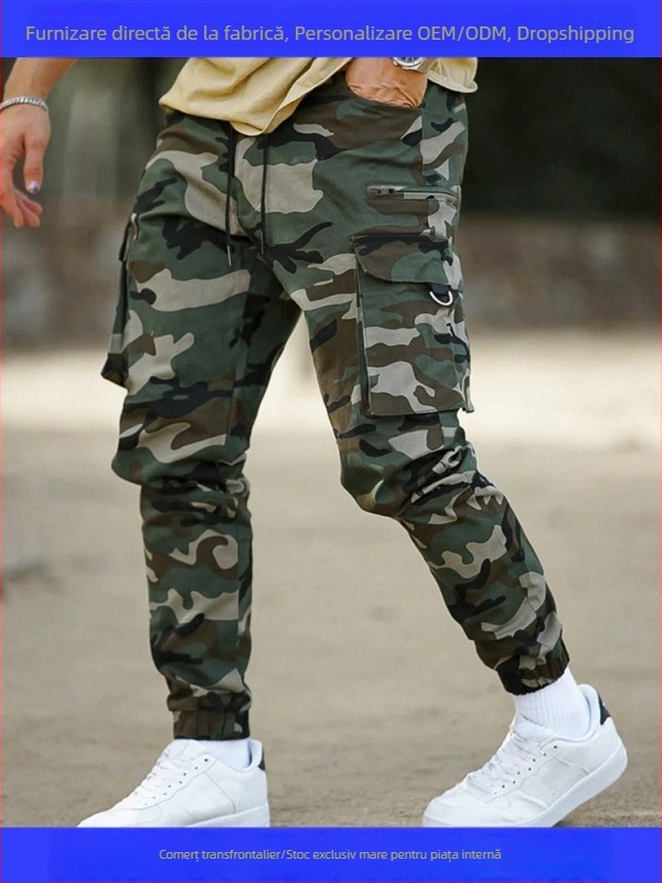 Pantaloni personalizați de la producător, pantaloni cargo casual de camuflaj în stil american, transfrontalieri europeni și americani, pantaloni jogger de marcă la modă pentru bărbați, de primăvară și de vară, 8666