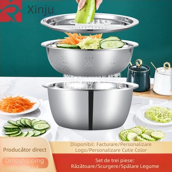 Bazin de scurgere multifuncțional din oțel inoxidabil, coș de scurgere pentru legume, spălat orez, felii de tăiere, artefact de spălare a orezului, bazin de scurgere