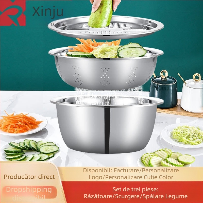 Bazin de scurgere multifuncțional din oțel inoxidabil, coș de scurgere pentru legume, spălat orez, felii de tăiere, artefact de spălare a orezului, bazin de scurgere