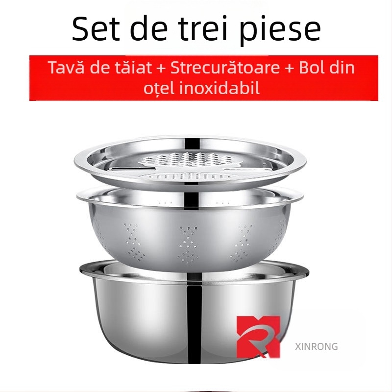 Bazin de scurgere multifuncțional din oțel inoxidabil, coș de scurgere pentru legume, spălat orez, felii de tăiere, artefact de spălare a orezului, bazin de scurgere