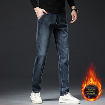 Blugi căptușiți cu fleece pentru bărbați 2024 toamna și iarna noi pantaloni lungi drepți elastici de afaceri pentru bărbați