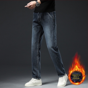 Blugi căptușiți cu fleece pentru bărbați 2024 toamna și iarna noi pantaloni lungi drepți elastici de afaceri pentru bărbați
