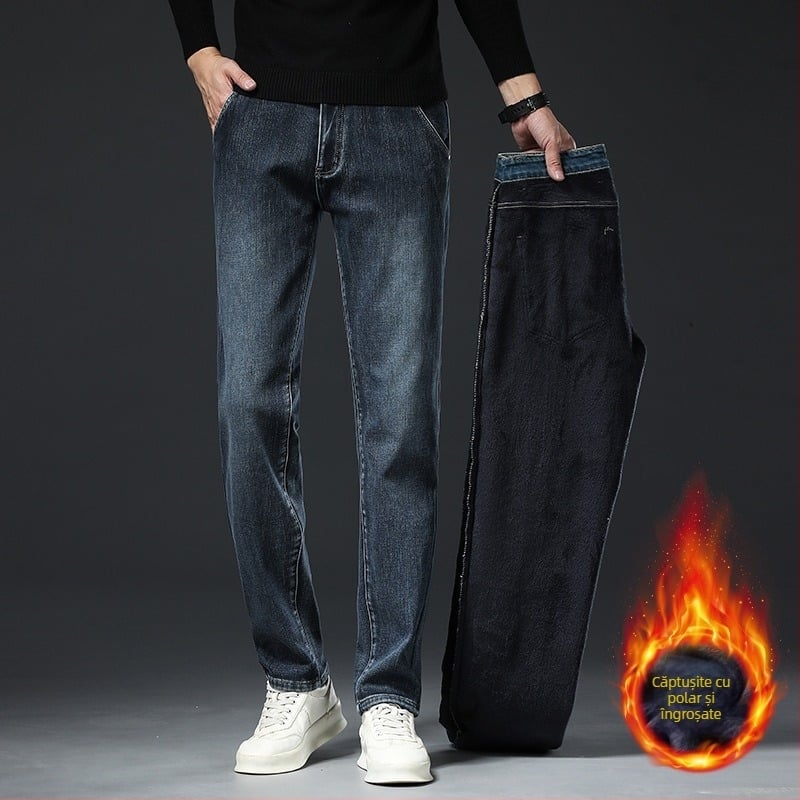 Blugi căptușiți cu fleece pentru bărbați 2024 toamna și iarna noi pantaloni lungi drepți elastici de afaceri pentru bărbați