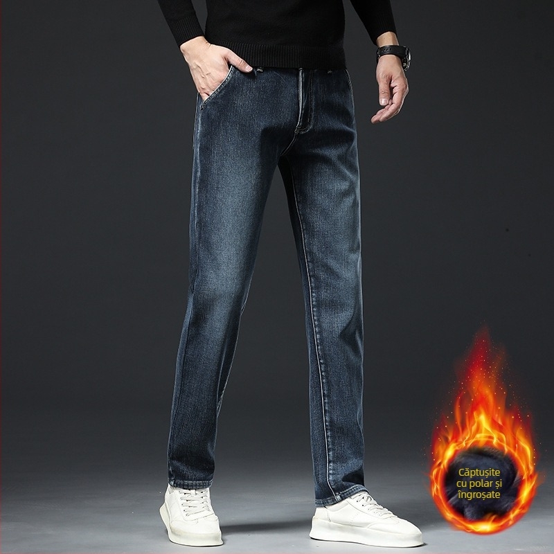 Blugi căptușiți cu fleece pentru bărbați 2024 toamna și iarna noi pantaloni lungi drepți elastici de afaceri pentru bărbați