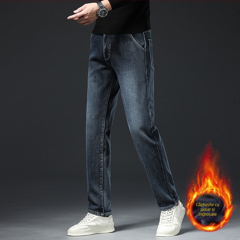 Blugi căptușiți cu fleece pentru bărbați 2024 toamna și iarna noi pantaloni lungi drepți elastici de afaceri pentru bărbați