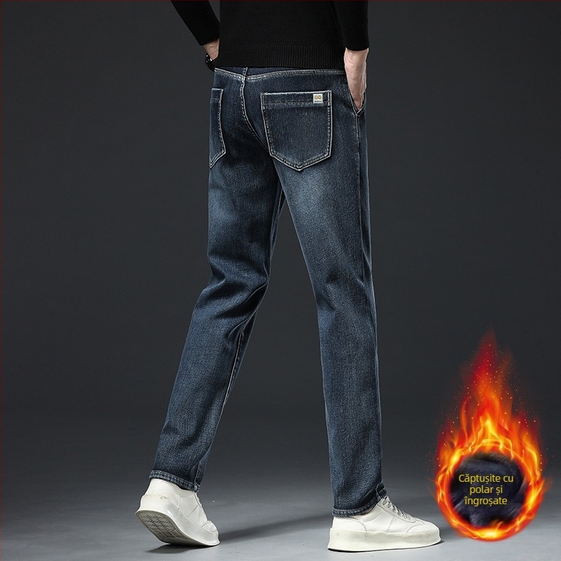 Blugi căptușiți cu fleece pentru bărbați 2024 toamna și iarna noi pantaloni lungi drepți elastici de afaceri pentru bărbați