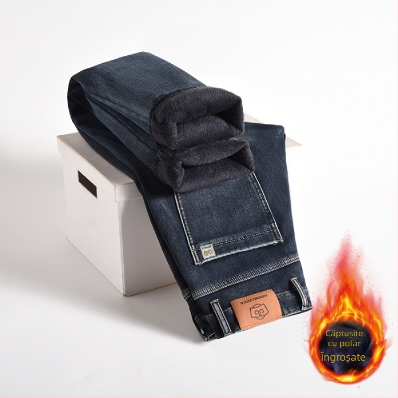 Blugi căptușiți cu fleece pentru bărbați 2024 toamna și iarna noi pantaloni lungi drepți elastici de afaceri pentru bărbați