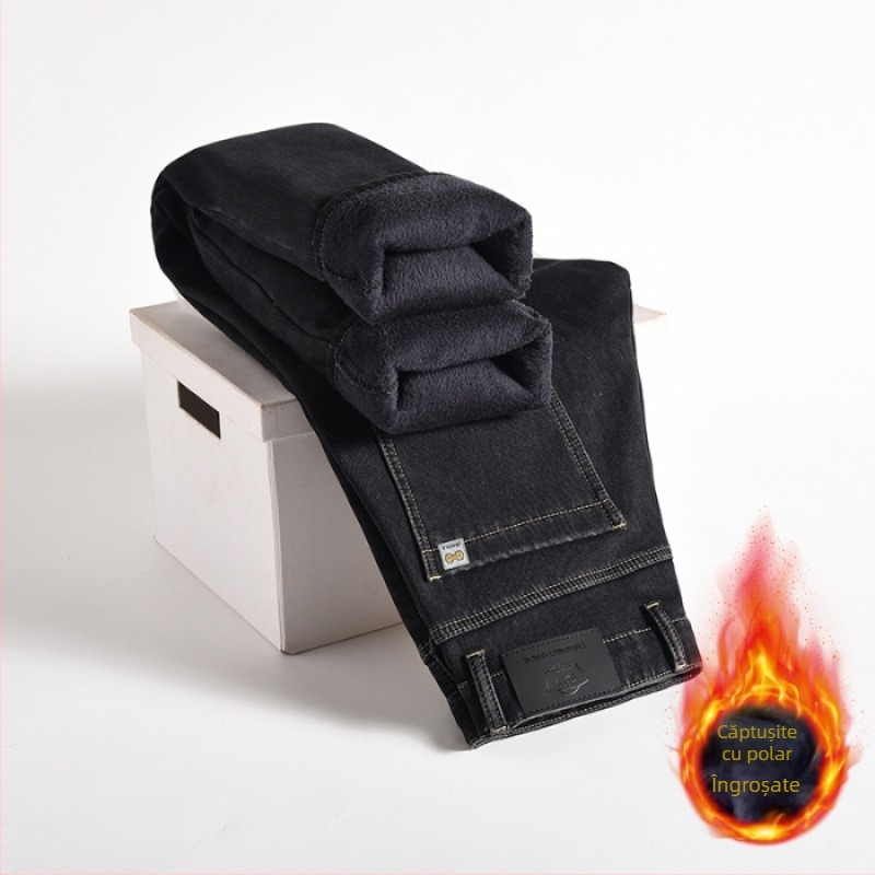 Blugi căptușiți cu fleece pentru bărbați 2024 toamna și iarna noi pantaloni lungi drepți elastici de afaceri pentru bărbați