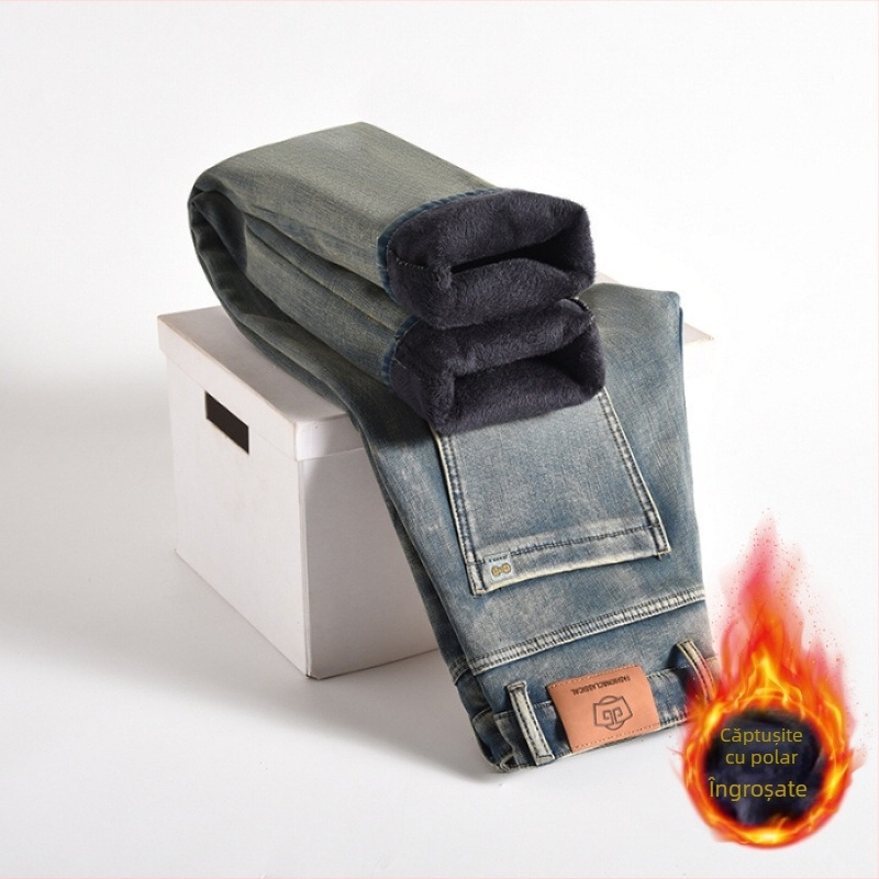 Blugi căptușiți cu fleece pentru bărbați 2024 toamna și iarna noi pantaloni lungi drepți elastici de afaceri pentru bărbați