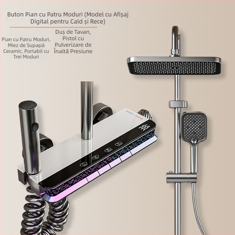 Set de duș nou pentru baie, cu cap de duș cu efect de ploaie, cu buton de pulverizare multifuncțional, cu lumină ambientală, set complet, cu afișaj digital, cap de duș