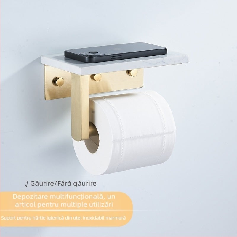 Suport pentru hârtie igienică din oțel inoxidabil, marmură, suport pentru role, lumină de toaletă, raft de depozitare de lux montat pe perete cu raft pentru telefon mobil