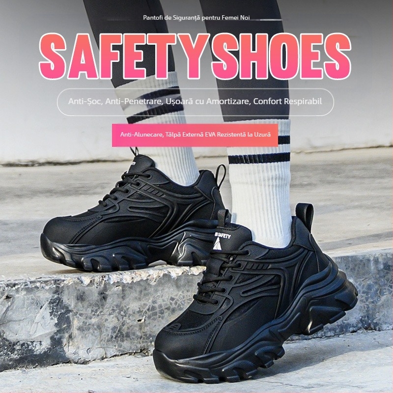 Pantofi de protecție a muncii pentru femei, en-gros, ușori, la modă, pantofi de siguranță greoi, anti-zdrobire, anti-piercing, platformă neagră de dimensiuni mici