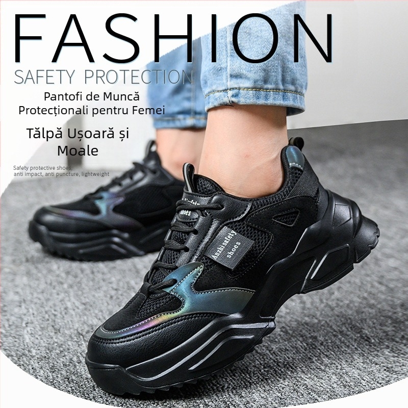 Pantofi de protecție a muncii pentru femei, en-gros, ușori, la modă, pantofi de siguranță greoi, anti-zdrobire, anti-piercing, platformă neagră de dimensiuni mici