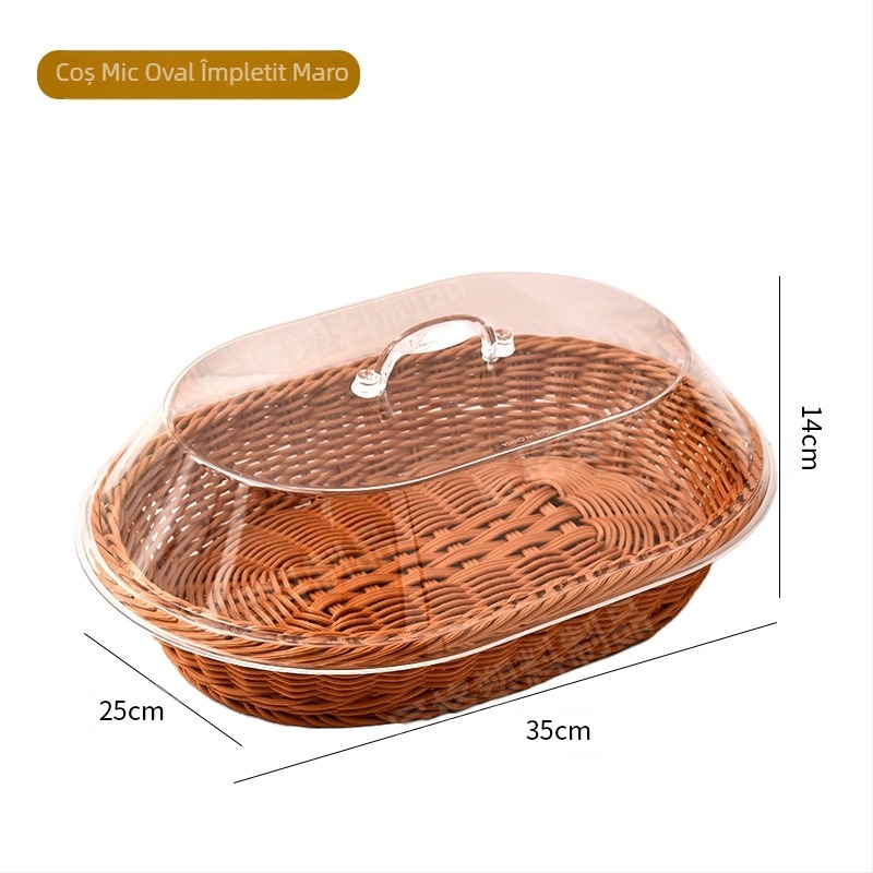 Coș de pâine din ratan imitație de vânzare transfrontalieră, coș de legume, farfurie cu fructe uscate, cu capac acrilic, coș de depozitare oval transparent, en-gros