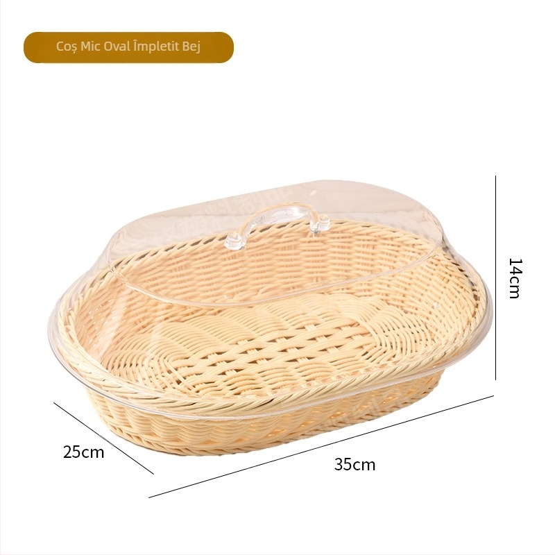Coș de pâine din ratan imitație de vânzare transfrontalieră, coș de legume, farfurie cu fructe uscate, cu capac acrilic, coș de depozitare oval transparent, en-gros