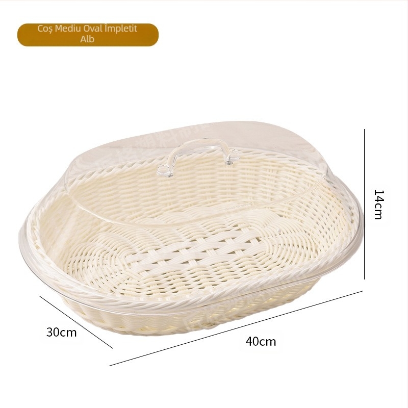 Coș de pâine din ratan imitație de vânzare transfrontalieră, coș de legume, farfurie cu fructe uscate, cu capac acrilic, coș de depozitare oval transparent, en-gros