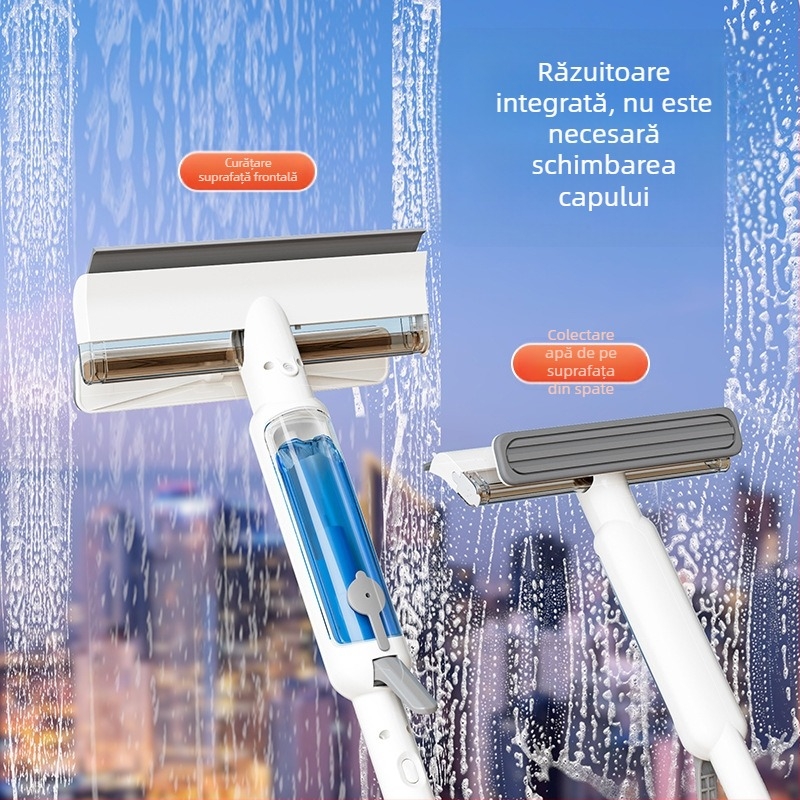 Instrument de uz casnic transfrontalier pentru curățarea ferestrelor exterioare înalte cu pulverizator de apă și racletă integrată, dispozitiv de curățare a sticlei cu aspirație puternică, față-verso