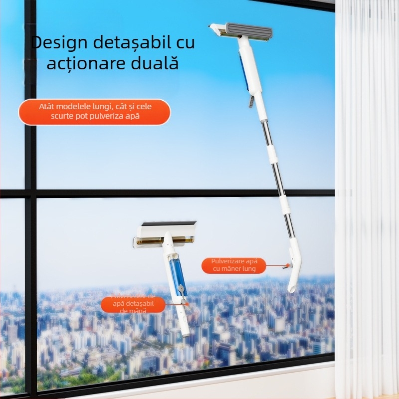 Instrument de uz casnic transfrontalier pentru curățarea ferestrelor exterioare înalte cu pulverizator de apă și racletă integrată, dispozitiv de curățare a sticlei cu aspirație puternică, față-verso