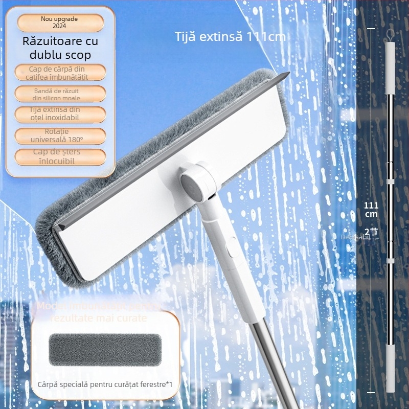 Instrument de uz casnic transfrontalier pentru curățarea ferestrelor exterioare înalte cu pulverizator de apă și racletă integrată, dispozitiv de curățare a sticlei cu aspirație puternică, față-verso