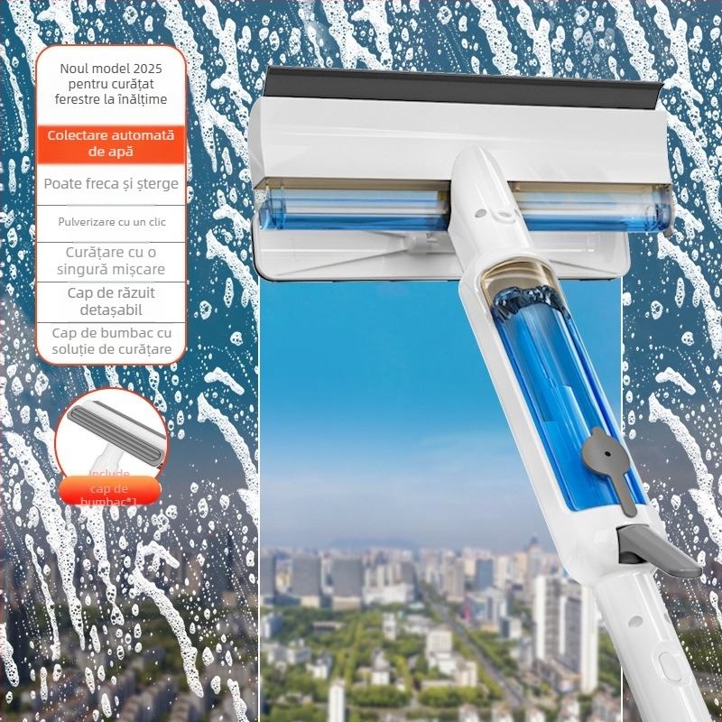 Instrument de uz casnic transfrontalier pentru curățarea ferestrelor exterioare înalte cu pulverizator de apă și racletă integrată, dispozitiv de curățare a sticlei cu aspirație puternică, față-verso