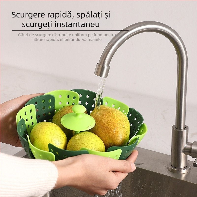 Coș pliabil multifuncțional Lotus Steamer, abur telescopic din plastic, bazin de fructe, coș de fructe, filtru de scurgere a apei, bazin de fructe, pliabil