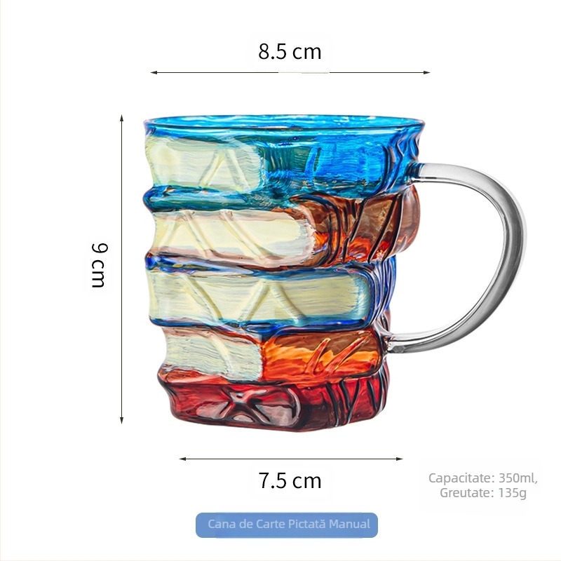 Cană de cafea transfrontalieră nouă, de vânzare la cald, din sticlă borosilicată de înaltă calitate, cană de carte stivuită pictată manual