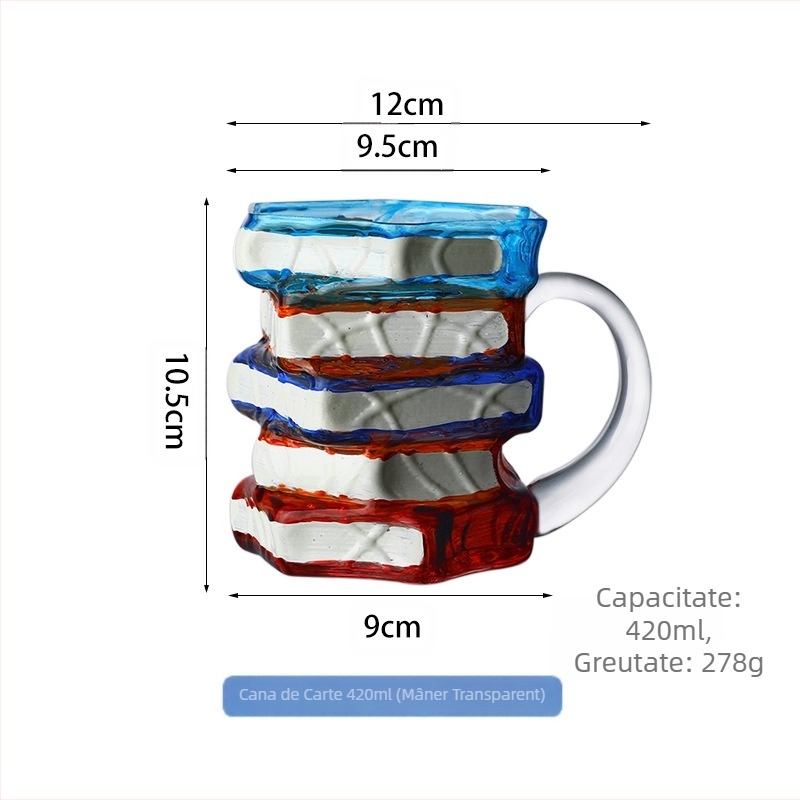 Cană de cafea transfrontalieră nouă, de vânzare la cald, din sticlă borosilicată de înaltă calitate, cană de carte stivuită pictată manual