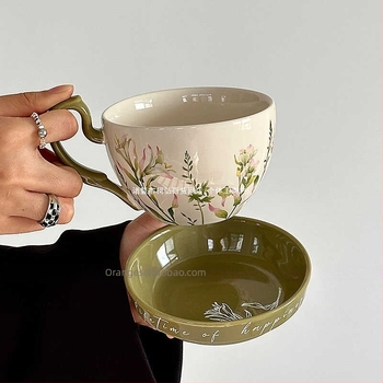 Cană de cafea cu capac verde de nișă, farfurie, stil pastoral, cadou, crin, capacitate mare, cană de apă, portocale retro